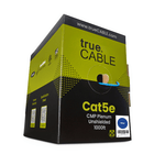 A black and green box labeled "trueCABLE Cat5e CMP Plenum Unshielded 1000ft" with a cable end visible.