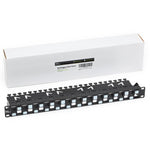 Unshielded 3D Stagger Patch panel in a box on a white background. The patch panel has 24 ports 