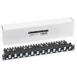 Unshielded 3D Stagger Patch panel in a box on a white background. The patch panel has 24 ports