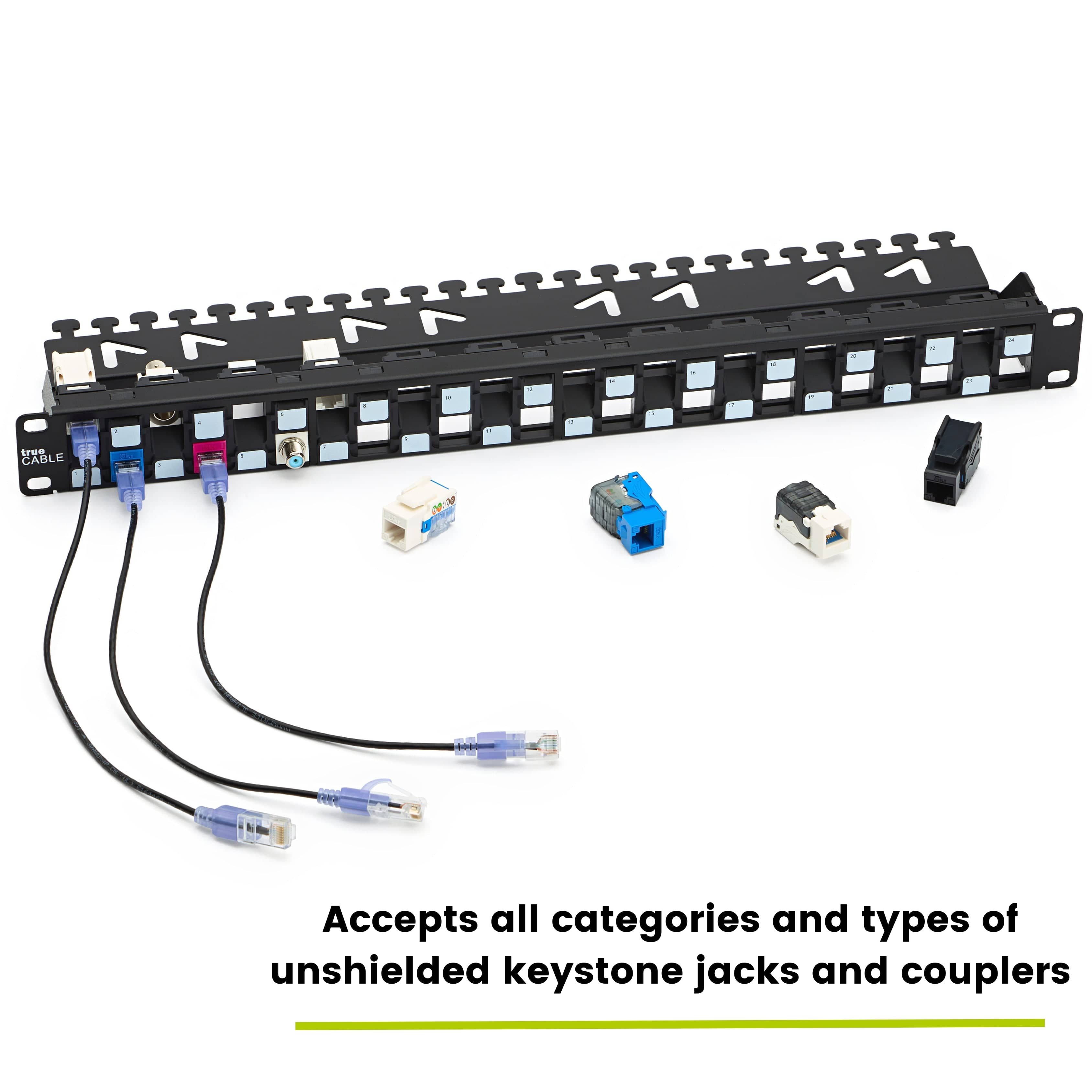Unshielded 24 port Patch panel with a variety of unshielded keystone jacks and couplers attached to it