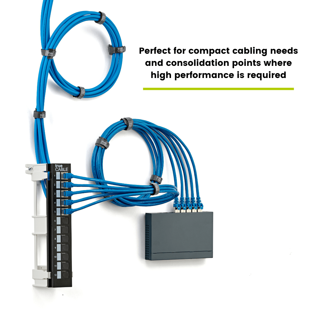 trueCABLE patch panel setup with connected Ethernet cables, showcasing compact cabling for high-performance network consolidation.