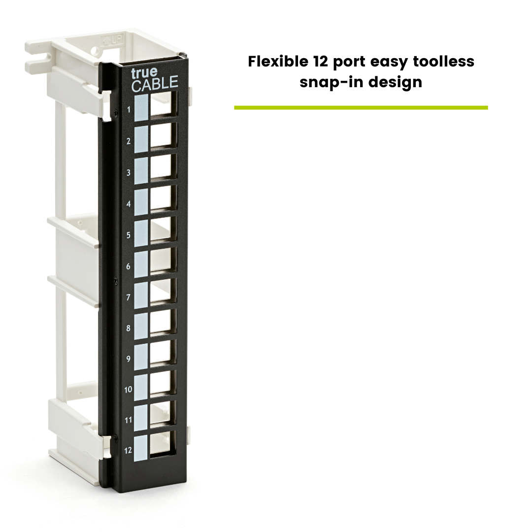 trueCABLE 12-port wall mount patch panel with flexible tool-less snap-in design for quick and convenient installation.
