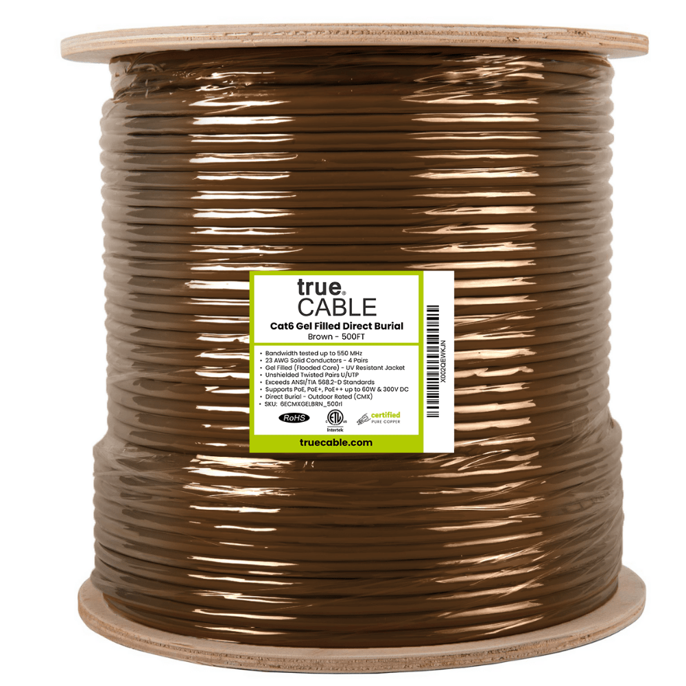 trueCABLE | Cat6 Gel Filled Direct Burial | Brown | 500ft |  Reel Label