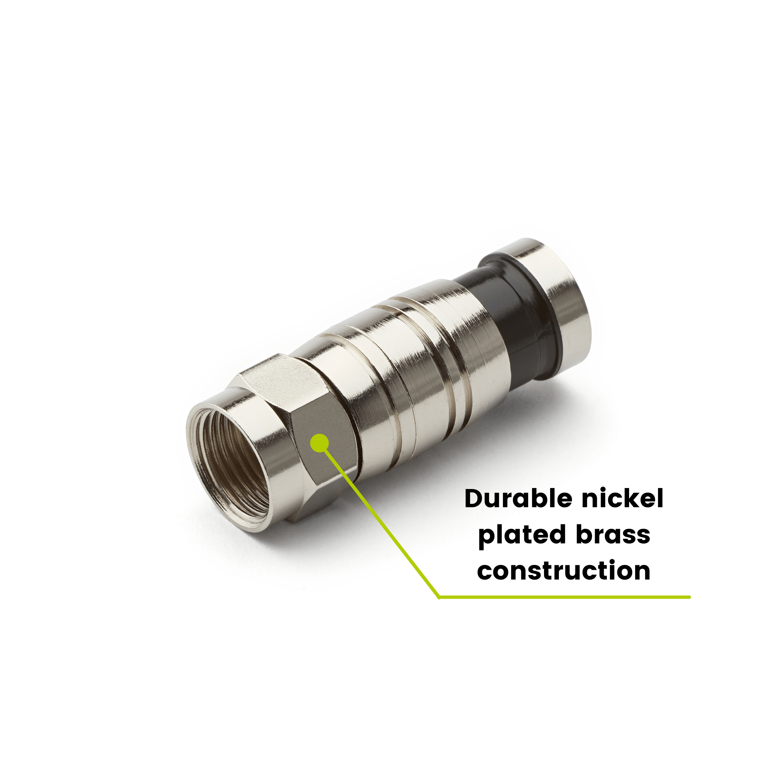 RG6 f connector, durable nickel plated brass construction, close up, 100 piece