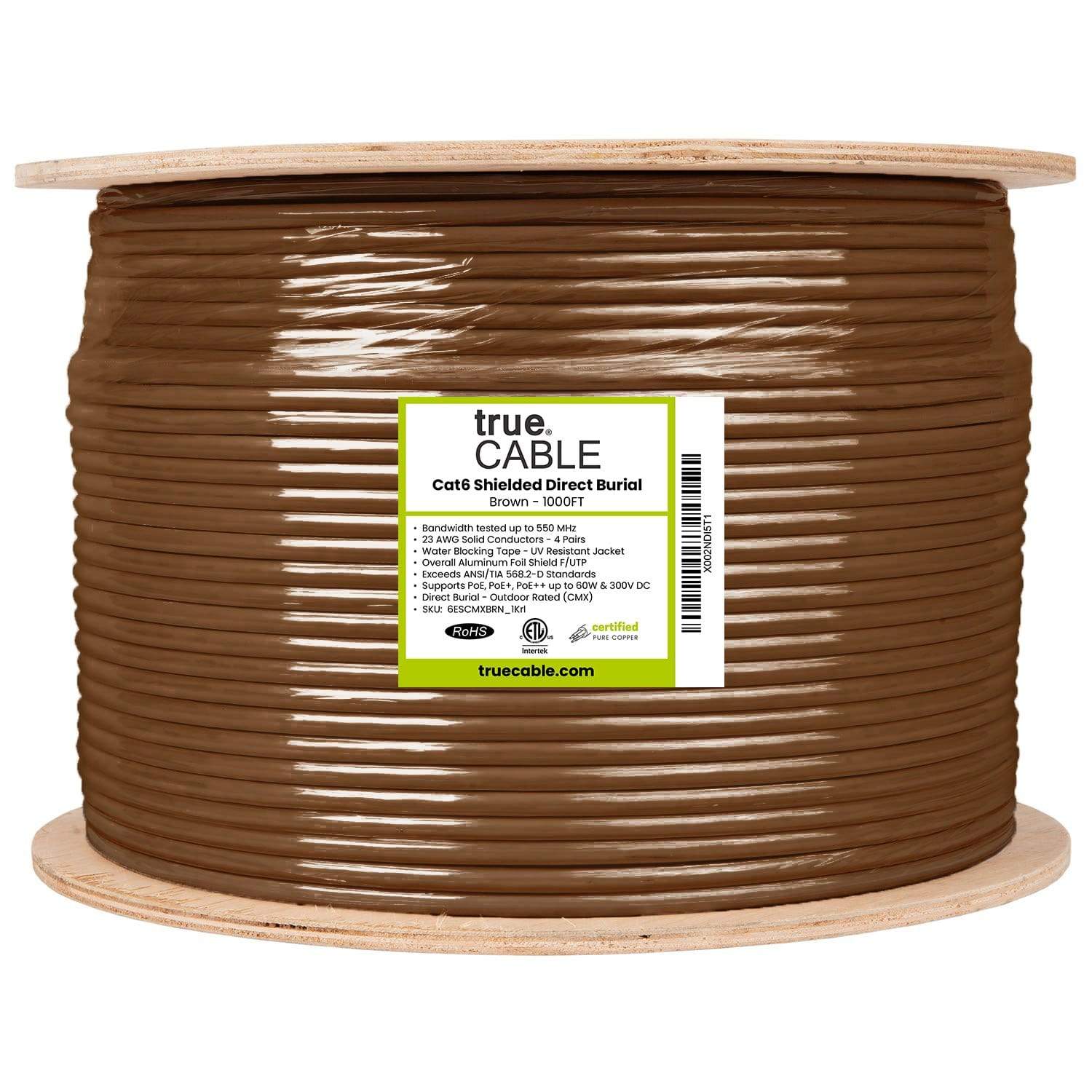 Cat6 Shielded Direct Burial Cable Brown 1000ft trueCABLE Reel Label