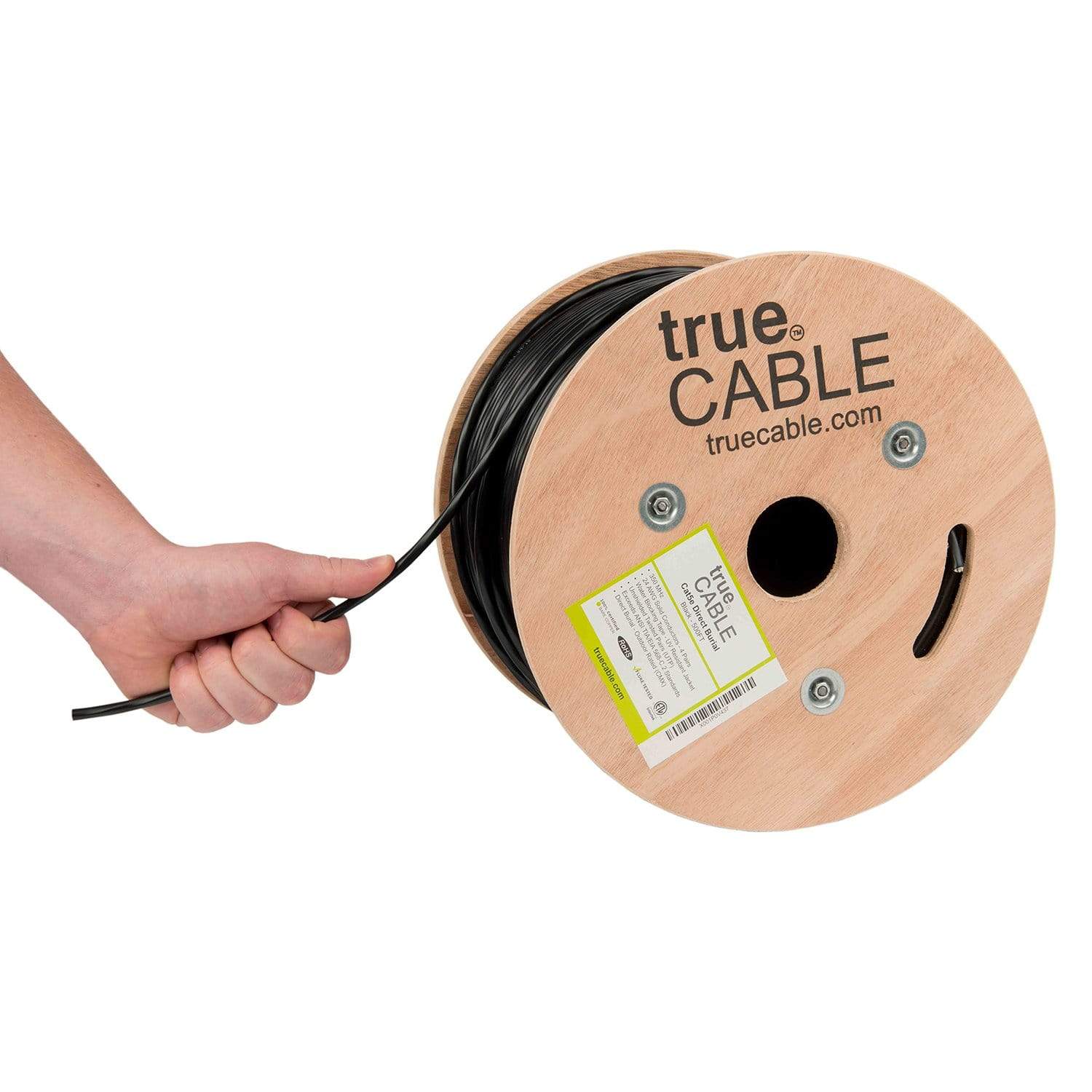 Outdoor Cat5e Cable Black 500ft trueCABLE Reel Hand Pulling