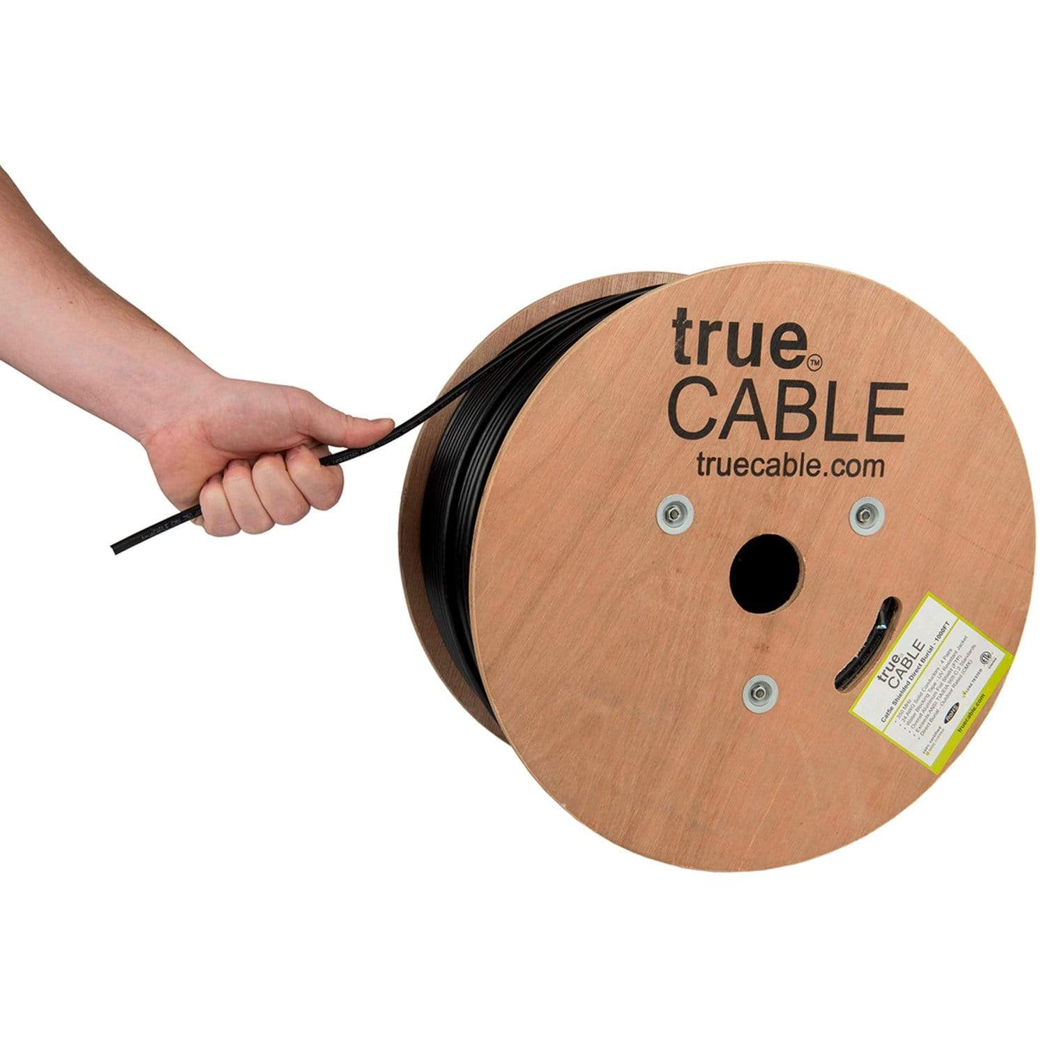 Cat5e Shielded Outdoor Cable Black 1000ft trueCABLE Reel Hand Pulling