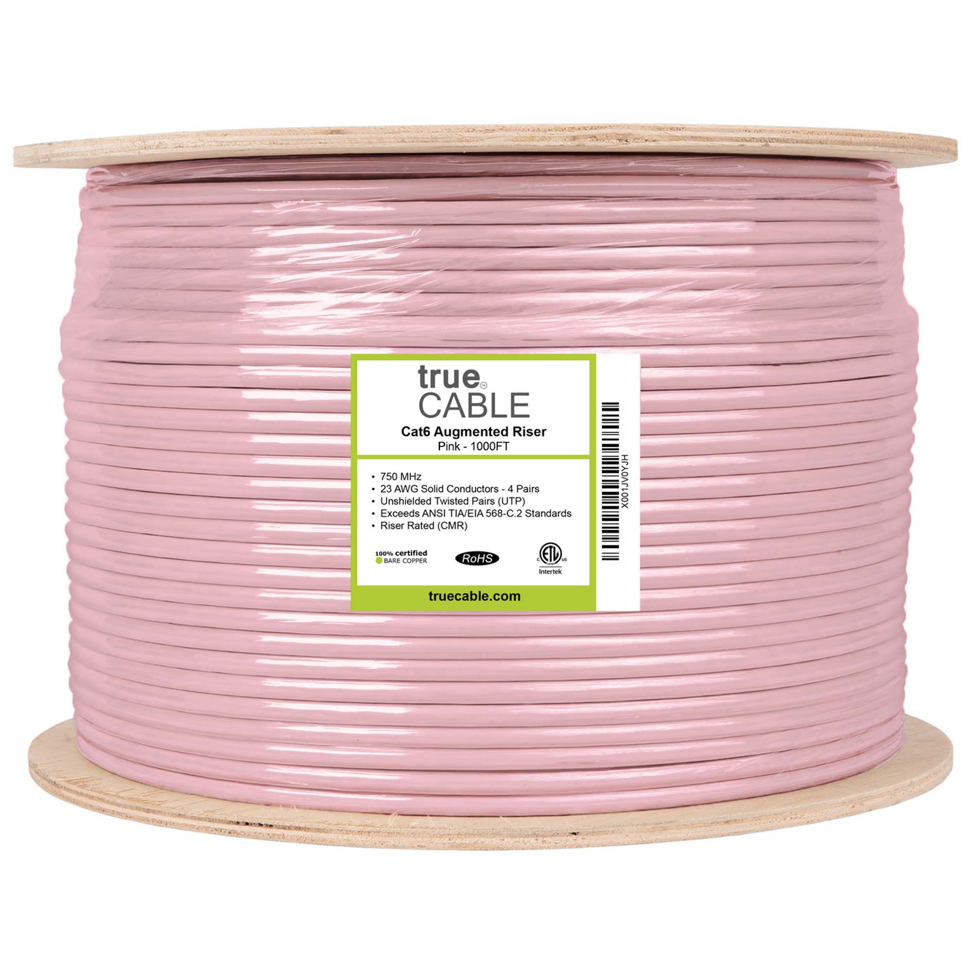 Cat6A Riser Ethernet Cable Pink 1000ft trueCABLE Reel Label