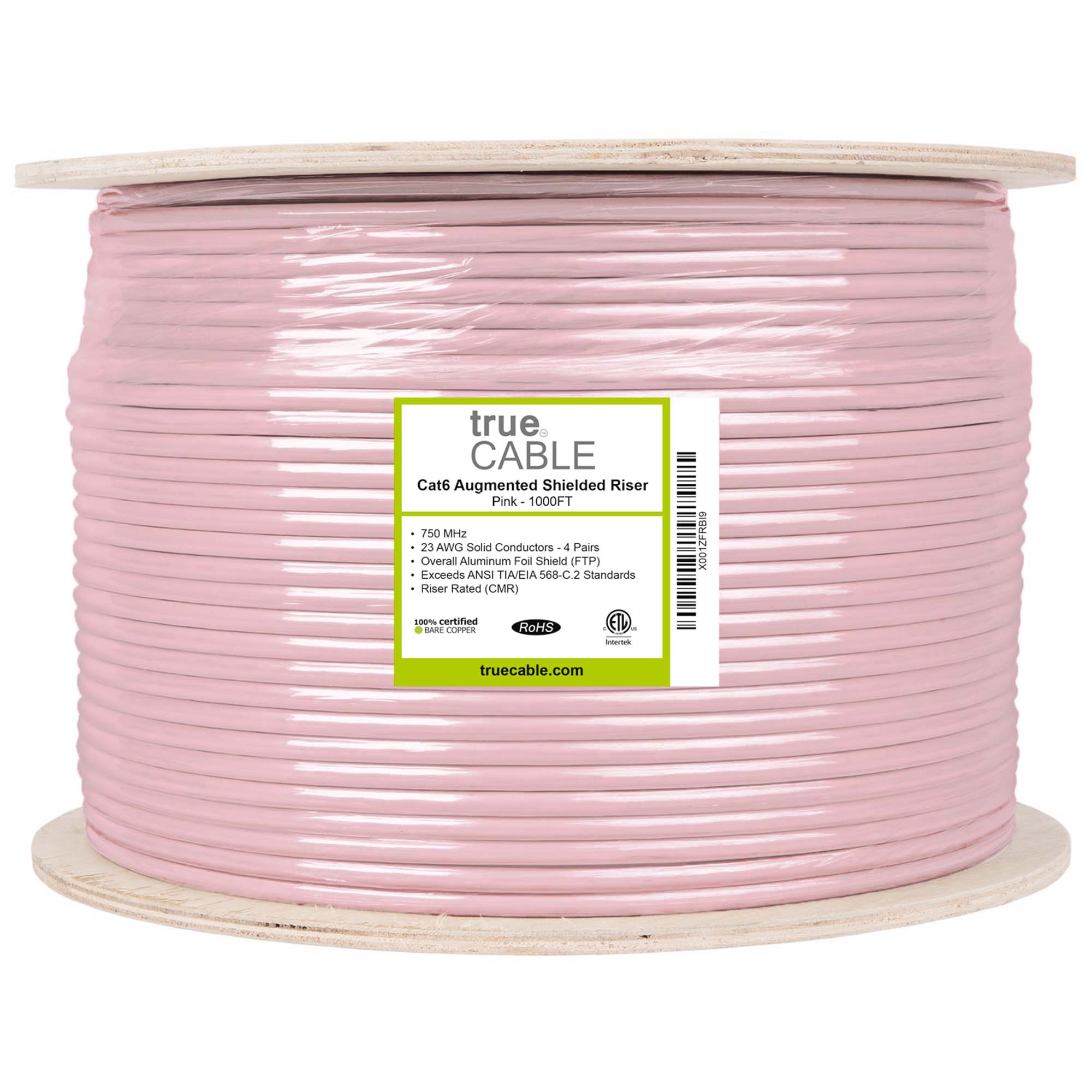 Cat6a Shielded Riser Ethernet Cable Pink 1000ft trueCABLE front of reel