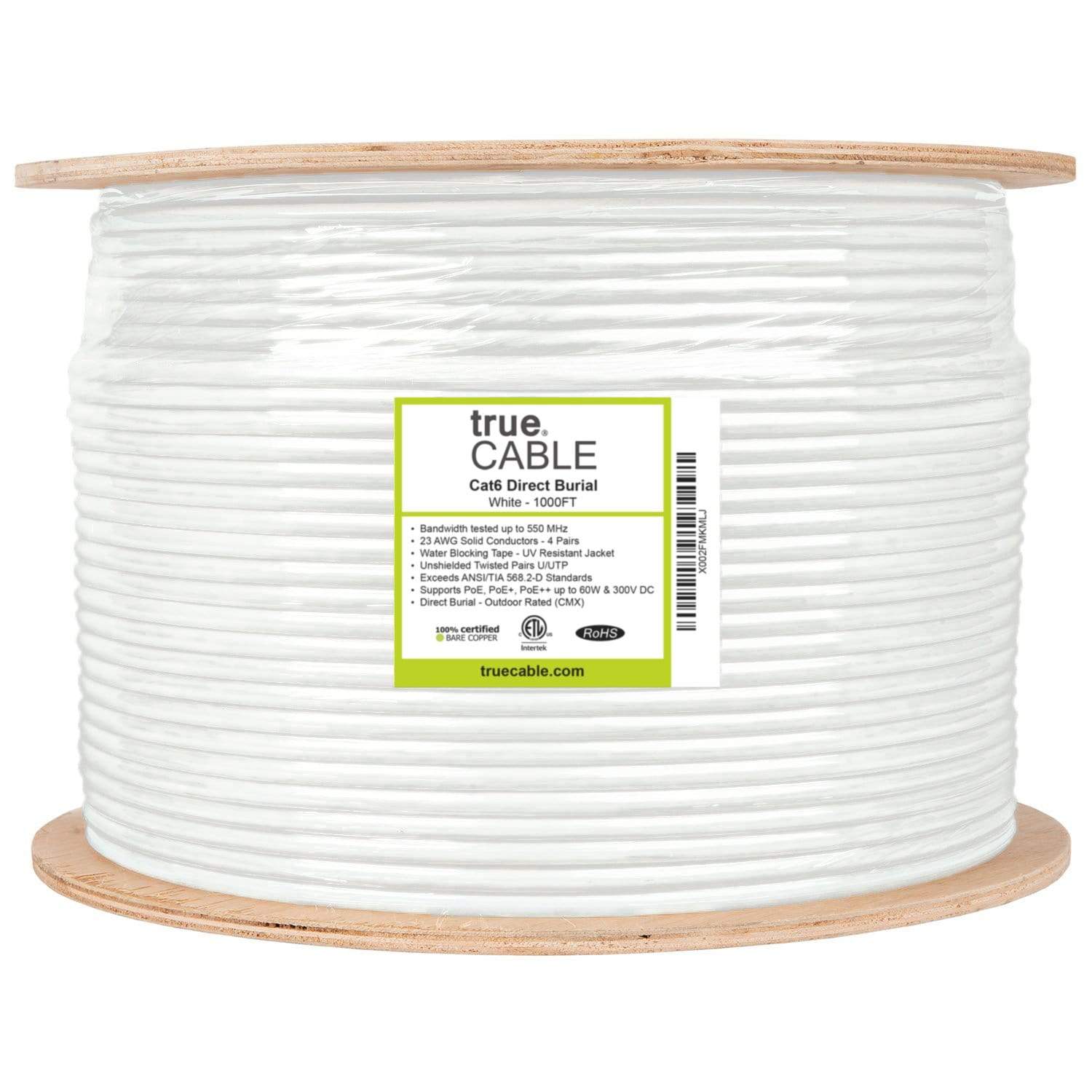 Outdoor Cat6 Cable White 1000ft trueCABLE Reel Label