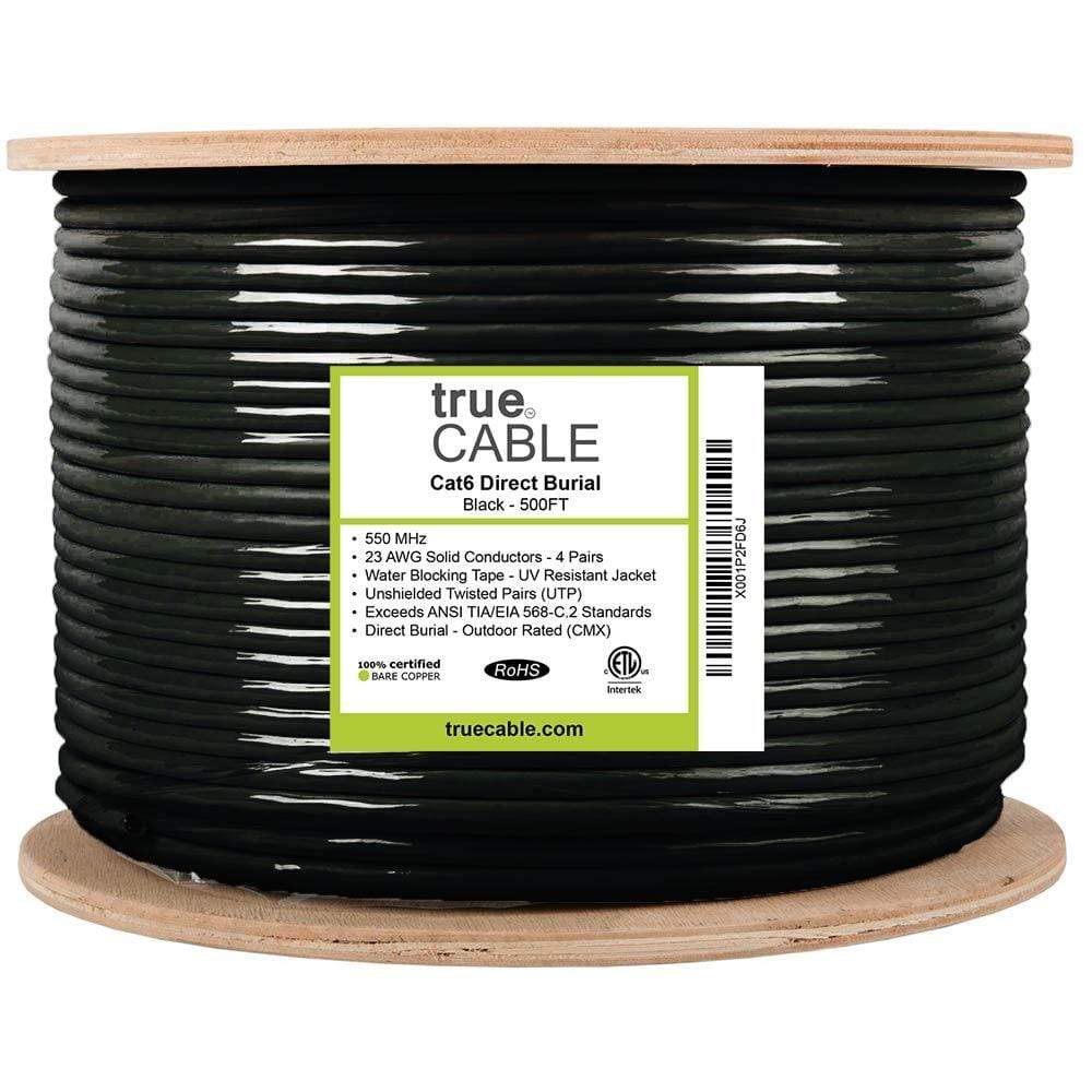 Outdoor Cat6 Cable Black 500ft trueCABLE Reel Label