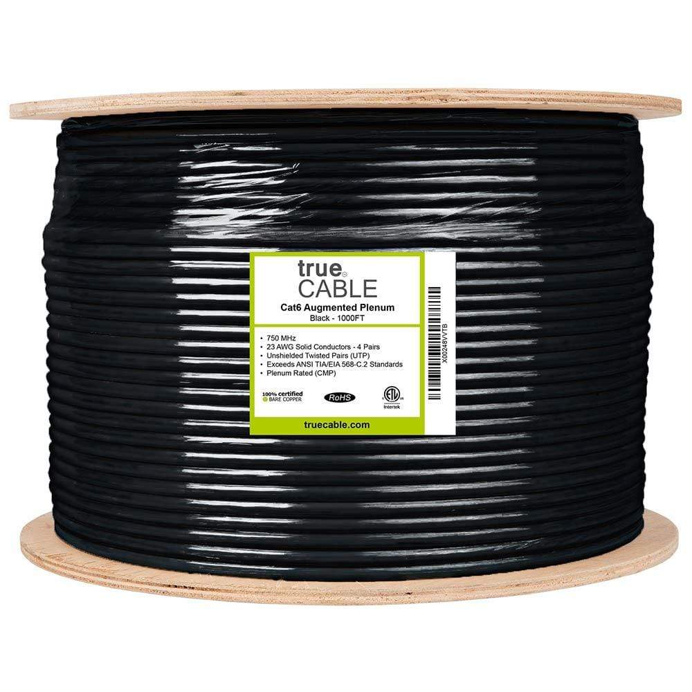 Cat6A Plenum Ethernet Cable Black 1000ft trueCABLE Reel Label