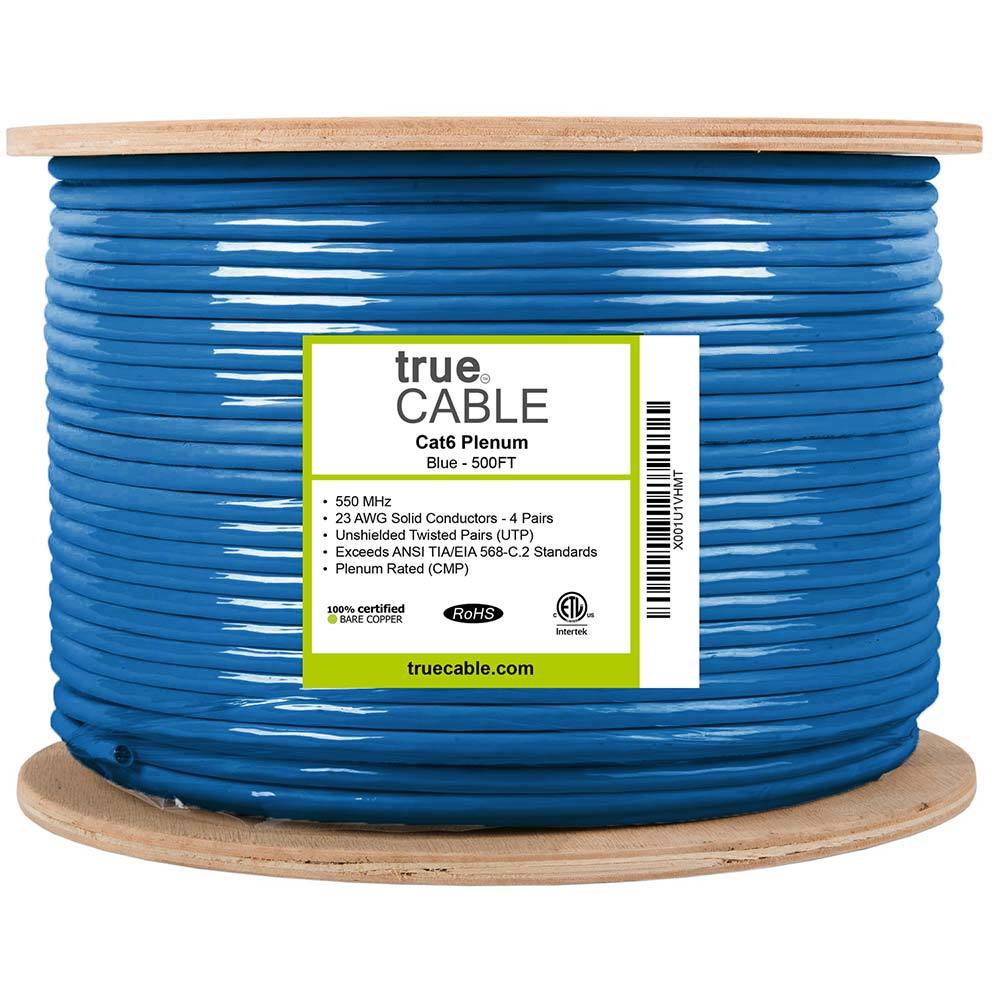 Cat6 Plenum Ethernet Cable Blue 500ft trueCABLE Reel Label