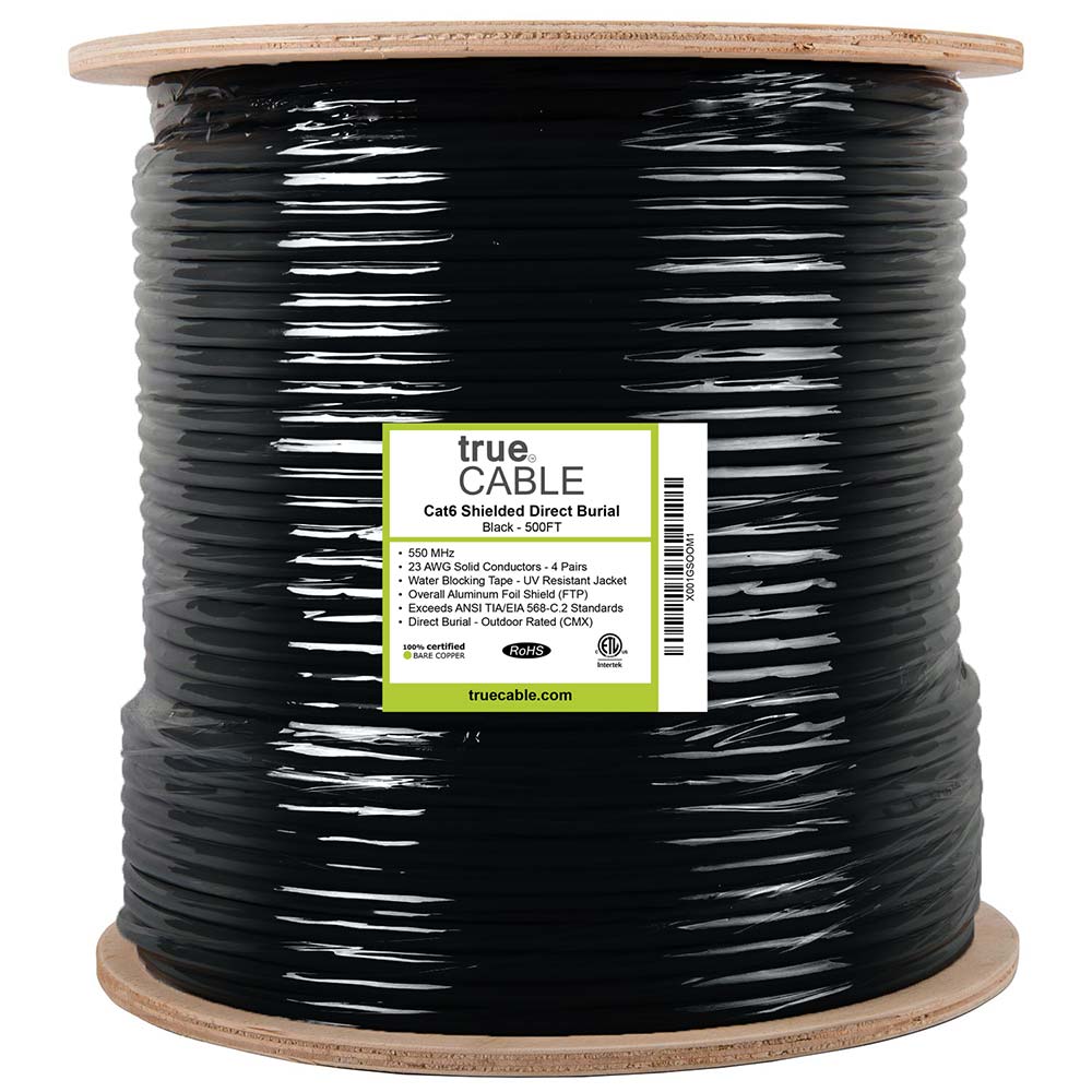 Cat6 Shielded Direct Burial Cable Black 500ft trueCABLE Reel Label