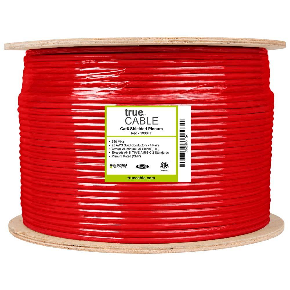 Cat6 Shielded Plenum Ethernet Cable Red 1000ft trueCABLE Reel Label