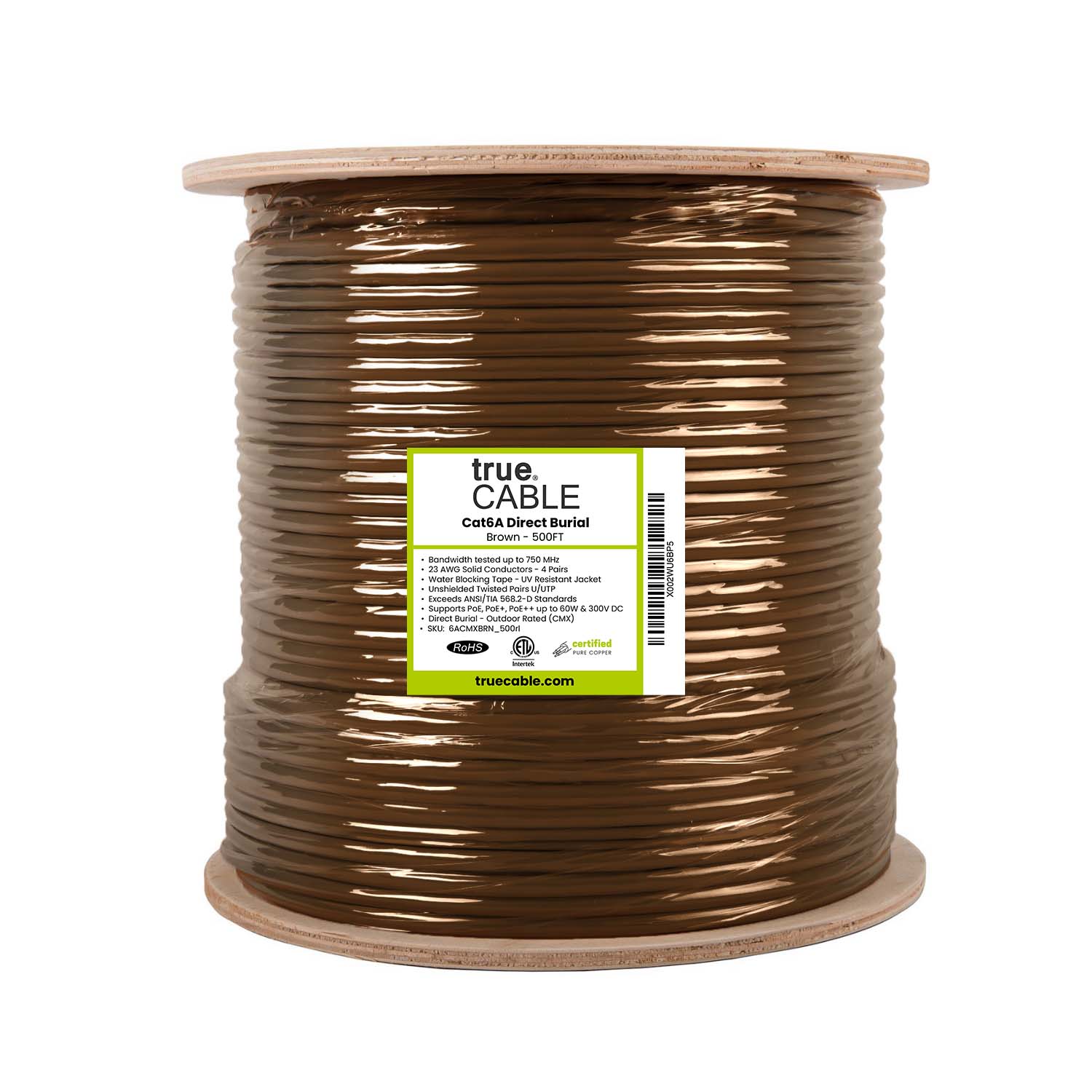 Cat6A Direct Burial, Unshielded, 500ft, brown