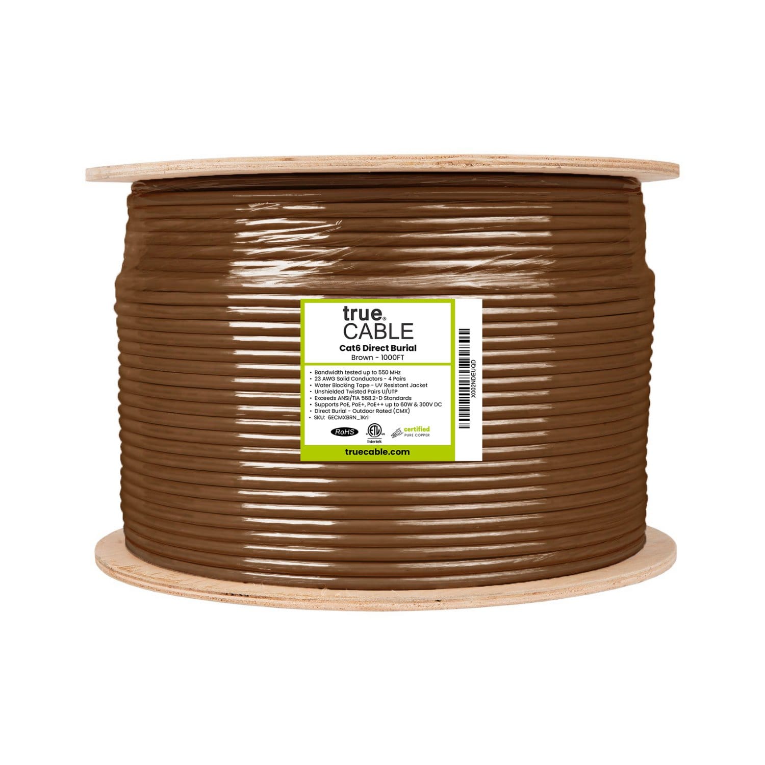 Outdoor Cat6 Cable Brown 1000ft trueCABLE Reel Label