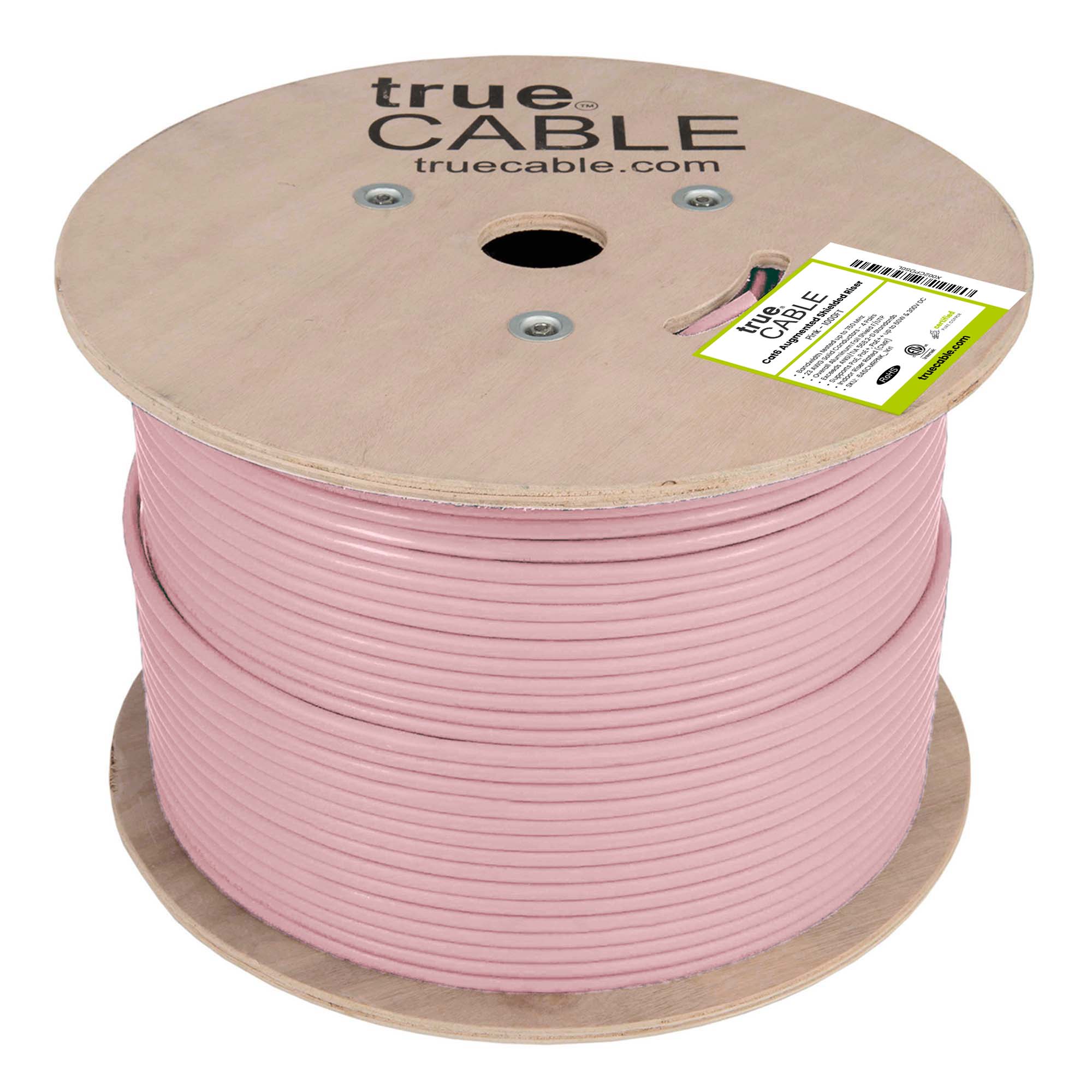Cat6a Shielded Riser Ethernet Cable Pink 1000ft trueCABLE side of reel