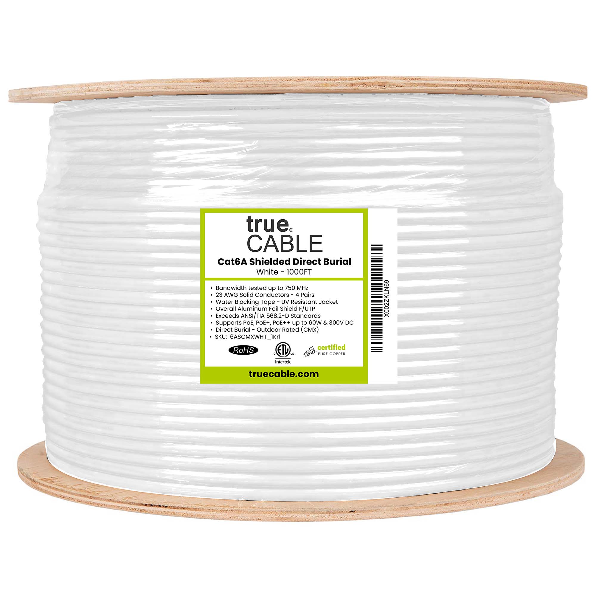Cat6a direct burial shielded, white, 1000ft, reel wrapped