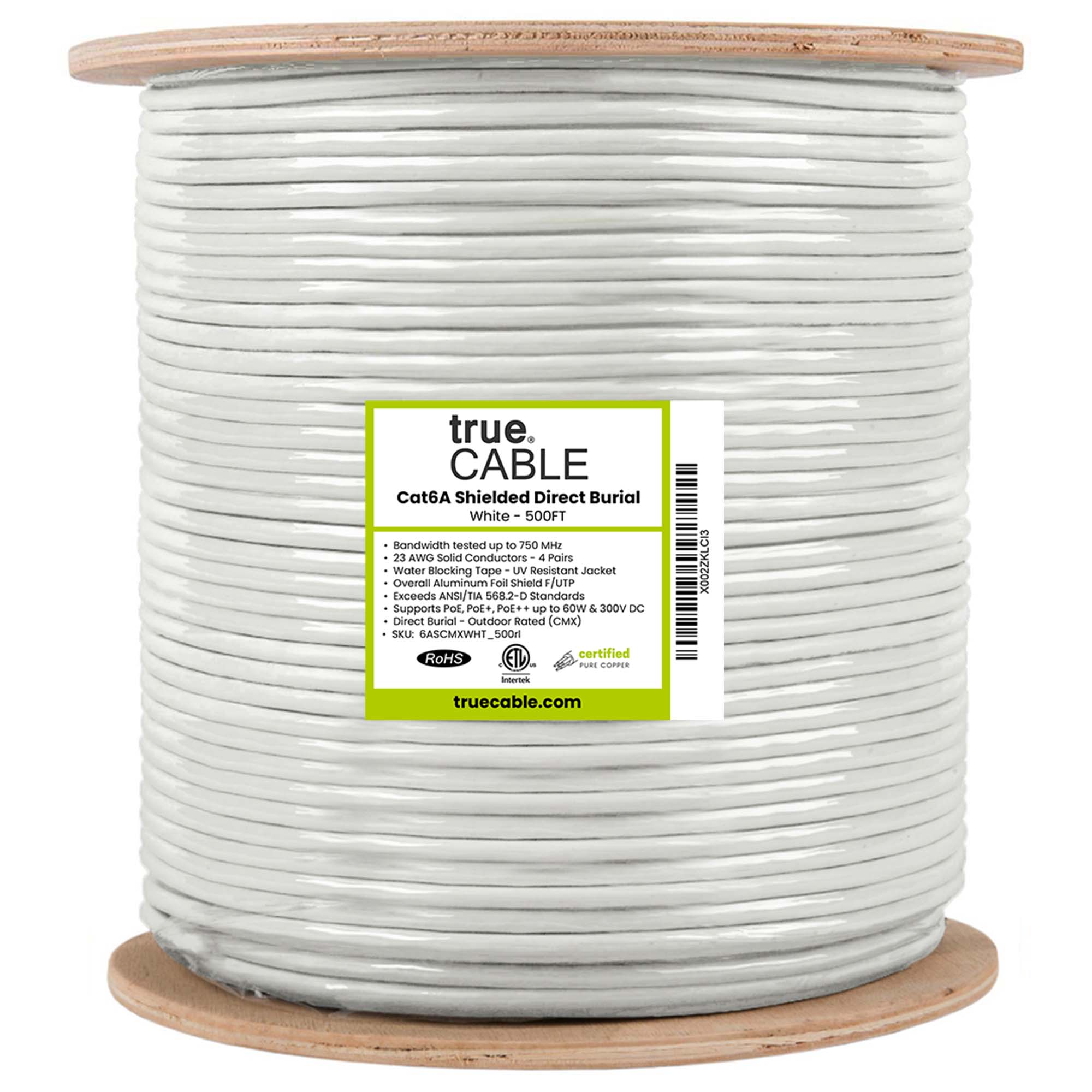 Cat6a direct burial shielded, white, 500ft, reel wrapped