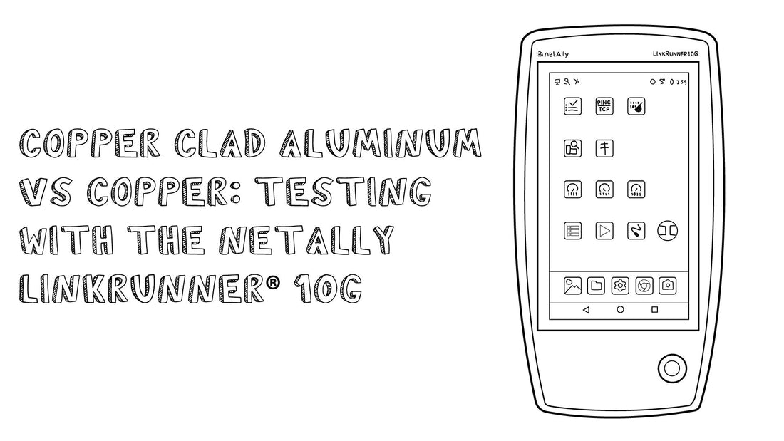 Hand-drawn illustration comparing Copper Clad Aluminum vs Copper cable testing results.