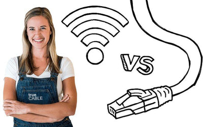 Picture of woman next to the symbol for wifi and an ethernet cable | trueCABLE