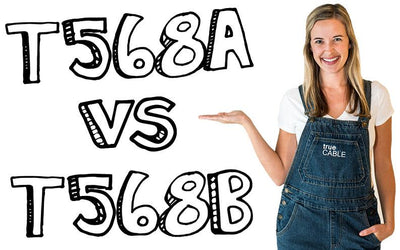 t568a vs t568b hand drawn header image with a woman pointing to the text