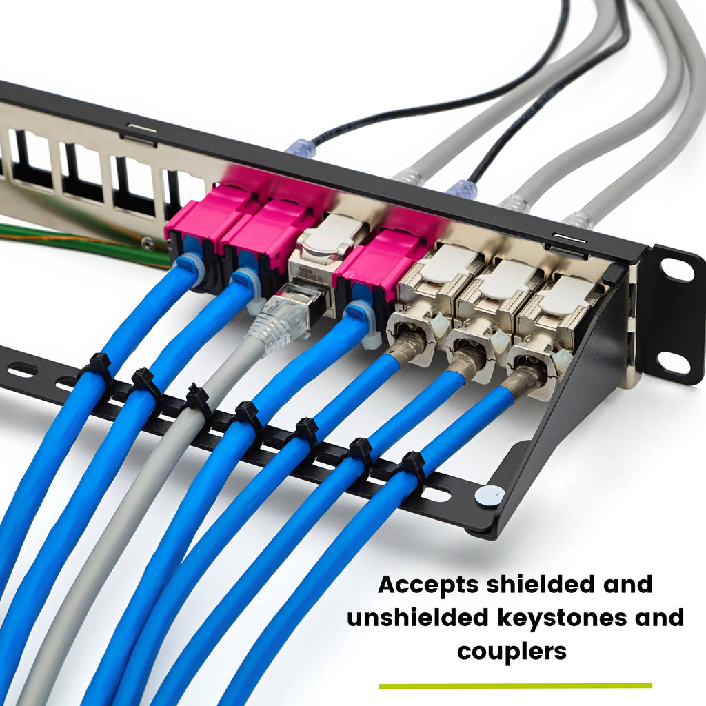 24 port Shielded Patch panel with a variety of Ethernet cables plugged into it