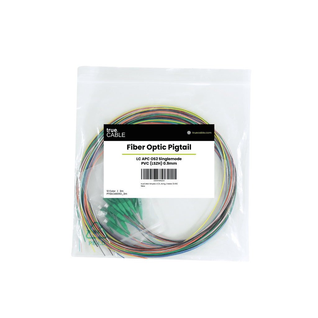 12-color LC APC OS2 singlemode fiber optic pigtail bundle with green connectors in protective packaging.