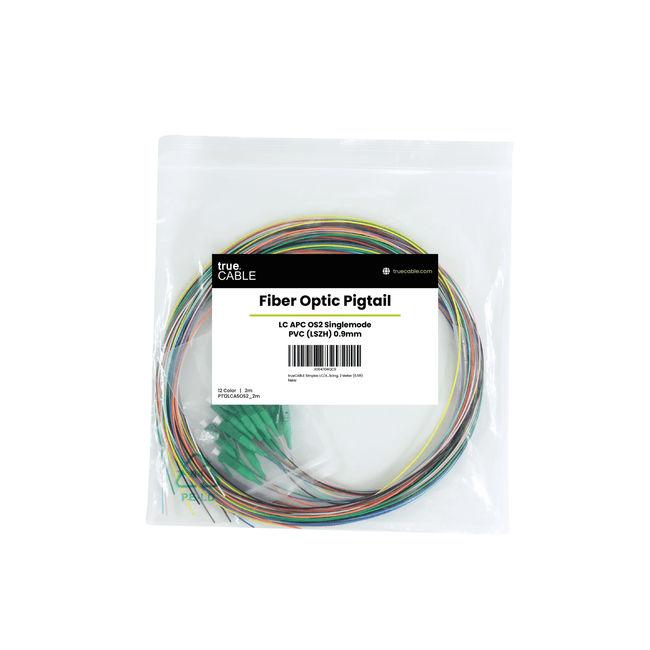 12-color LC APC OS2 singlemode fiber optic pigtail bundle with green connectors in protective packaging.