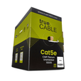A black and green box labeled "trueCABLE Cat5e CMP Plenum Unshielded 1000ft," shown at an angle.
