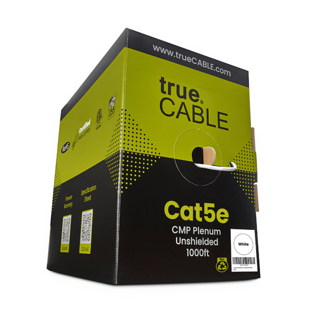 A black and green box labeled "trueCABLE Cat5e CMP Plenum Unshielded 1000ft," shown at an angle.