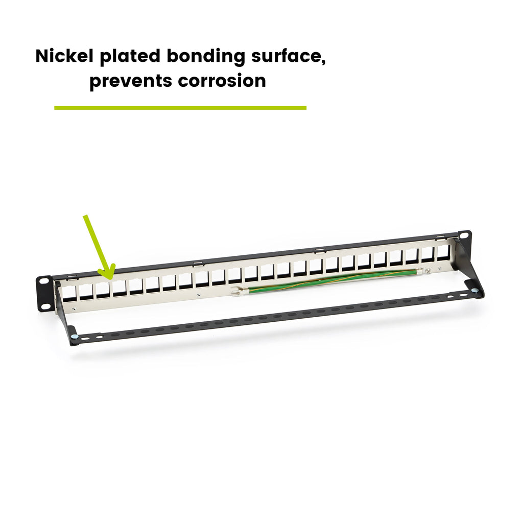 Nickel plated bonding surface on a patch panel prevents corrosion, shielded 24 port black patch panel