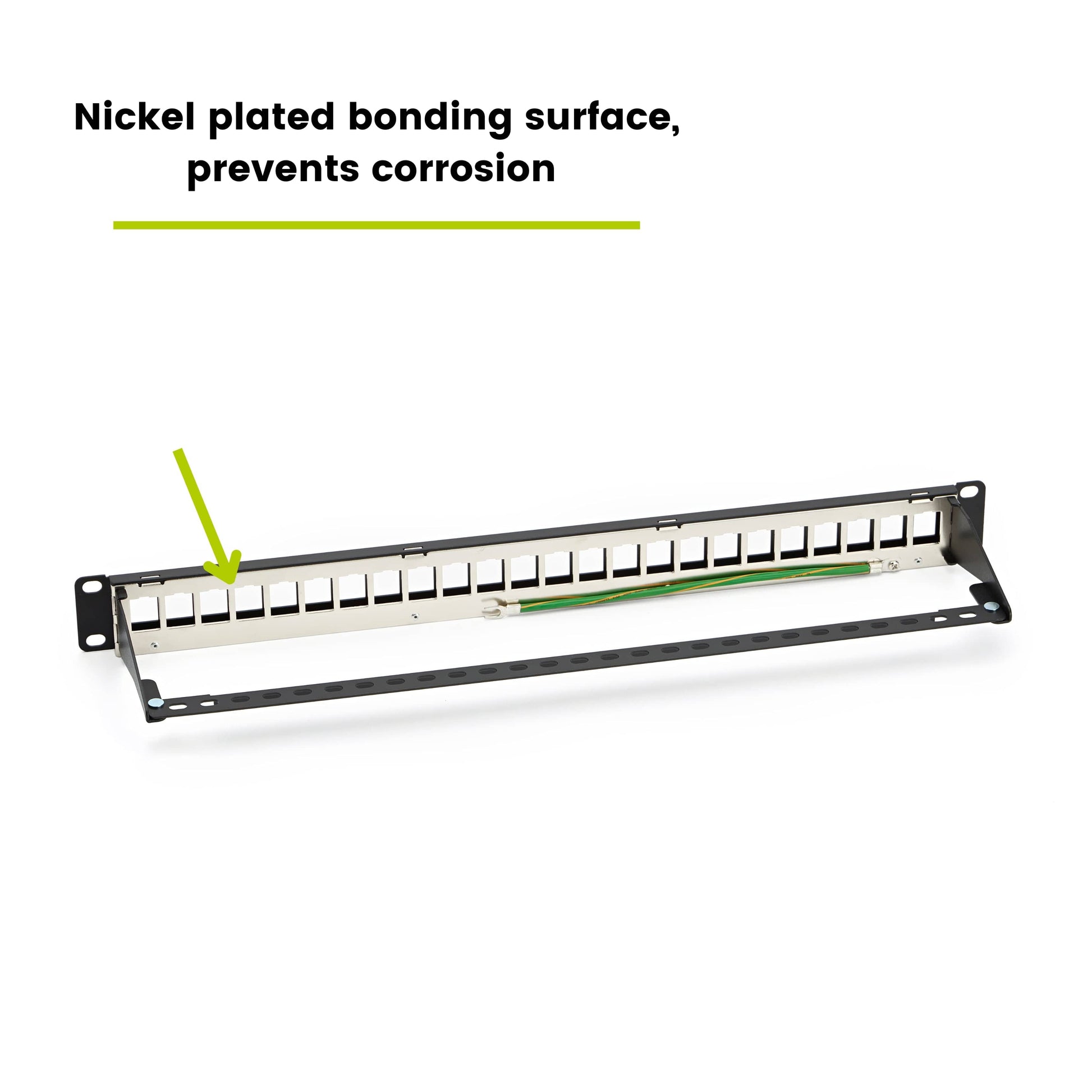 Nickel plated bonding surface on a patch panel prevents corrosion, shielded 24 port black patch panel