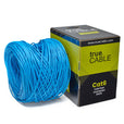 A spool of blue Cat6 cable on a white background. The spool is labeled "TrueCABLE Cat6 CMR Riser Unshielded 1000ft Blue Ethernet Cable"
