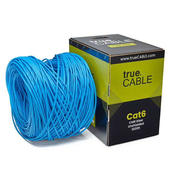 A spool of blue Cat6 cable on a white background. The spool is labeled "TrueCABLE Cat6 CMR Riser Unshielded 1000ft Blue Ethernet Cable"