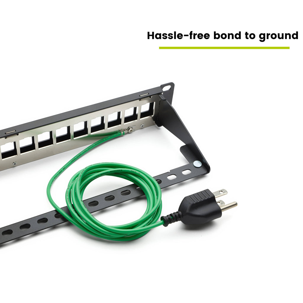 truePLUG, ground extension wire, attached to shielded patch panel