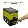 A hand pulling a blue cable from the "trueCABLE" box, with the label "Large diameter cone allows for lightning fast pulling."