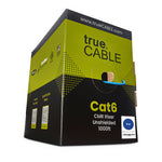 trueCABLE Cat6 CMR Riser Unshielded 1000ft Blue cable in a box.