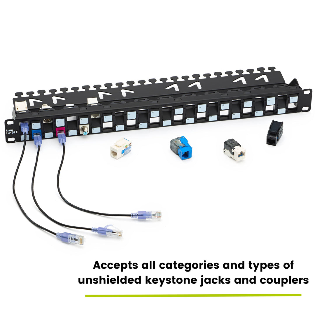 Unshielded 24 port Patch panel with a variety of unshielded keystone jacks and couplers attached to it