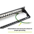 Detachable 8-inch bond wire for proper grounding on black shielded patch panel 