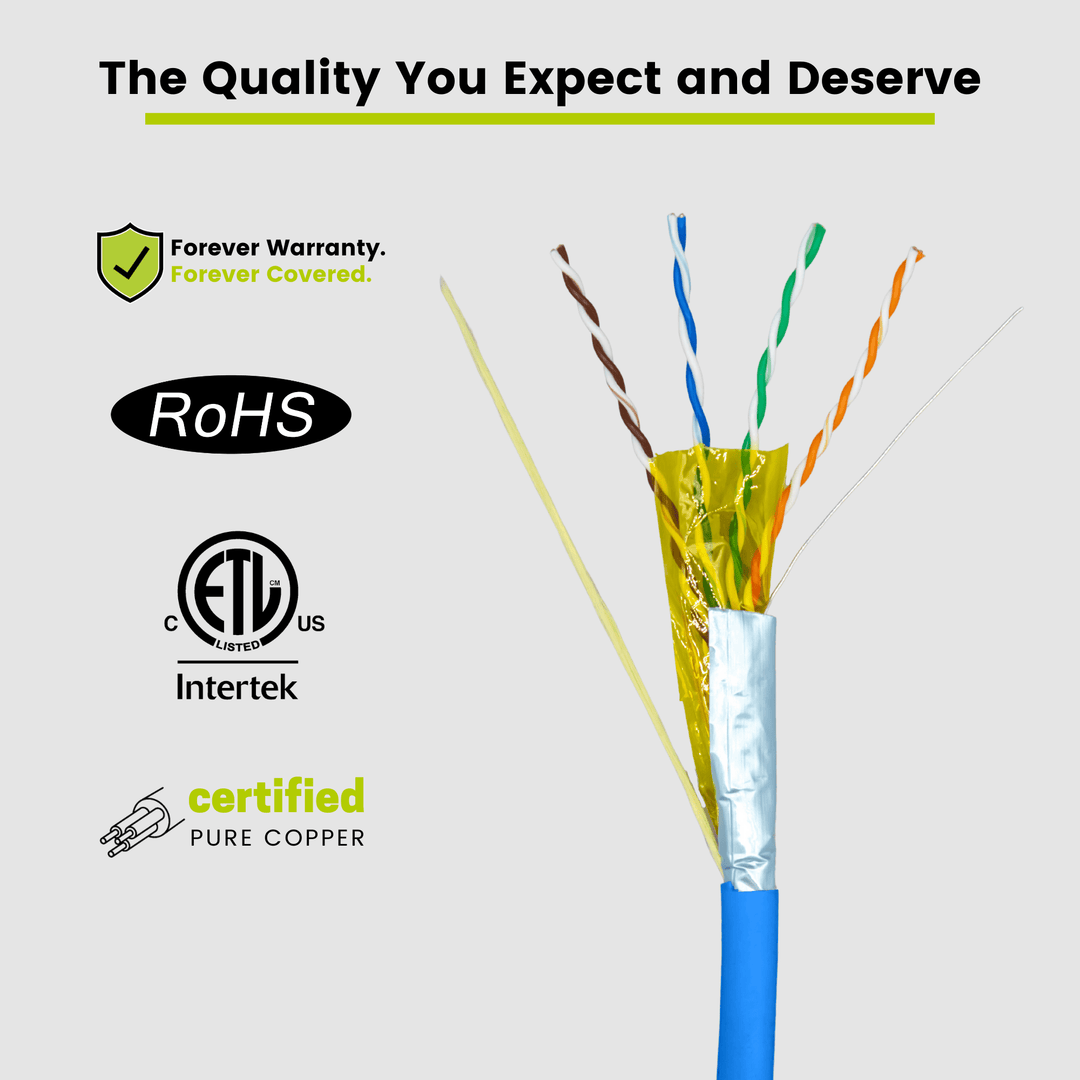 Cat5e Shielded Plenum Ethernet Cable Blue 1000ft trueCABLE Close Up