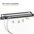 Shielded 24 port Patch panel with Mix & match compatibility for various networking connectors, 19-inch rack mount compatible
