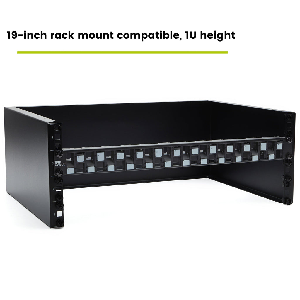 Black 1U unshielded  patch panel with 24 ports