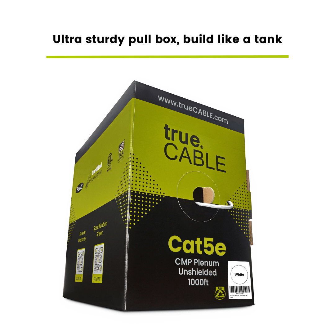 A black and green "trueCABLE" box, labeled "Ultra sturdy pull box, build like a tank."