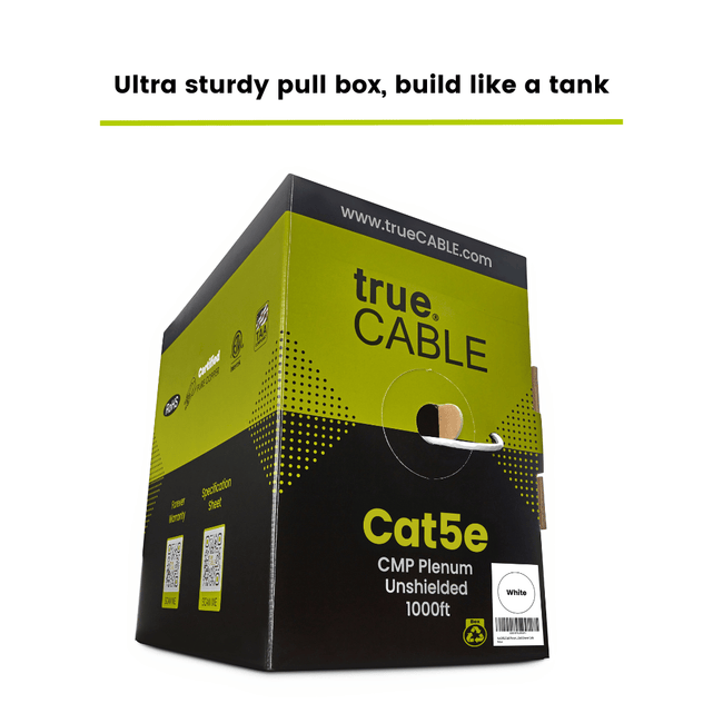 A black and green "trueCABLE" box, labeled "Ultra sturdy pull box, build like a tank."