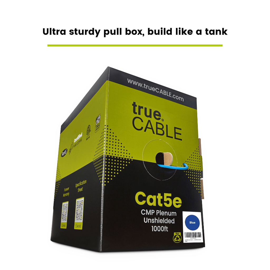 A black and green "trueCABLE" box, labeled "Ultra sturdy pull box, build like a tank."