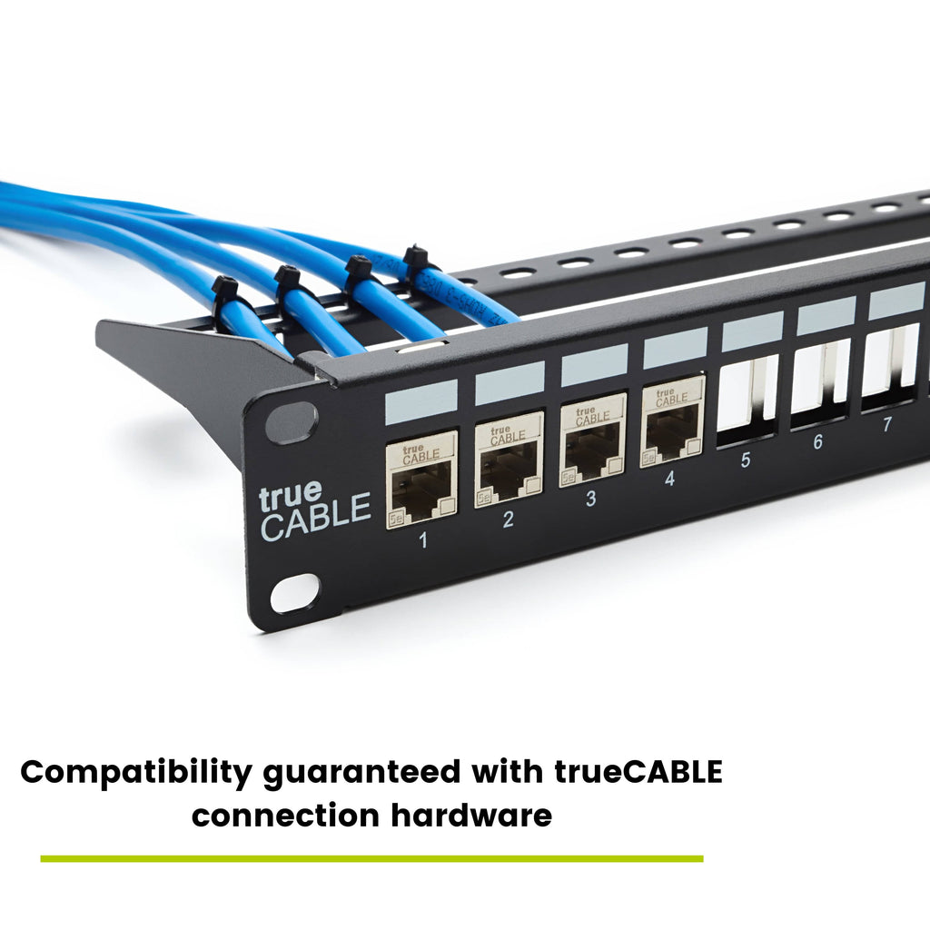 Shielded Patch panel with four blue Ethernet cables plugged into it. Compatible with trueCABLE connection hardware.