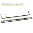 shielded 24 port patch panel Detachable cable management bar on a white background