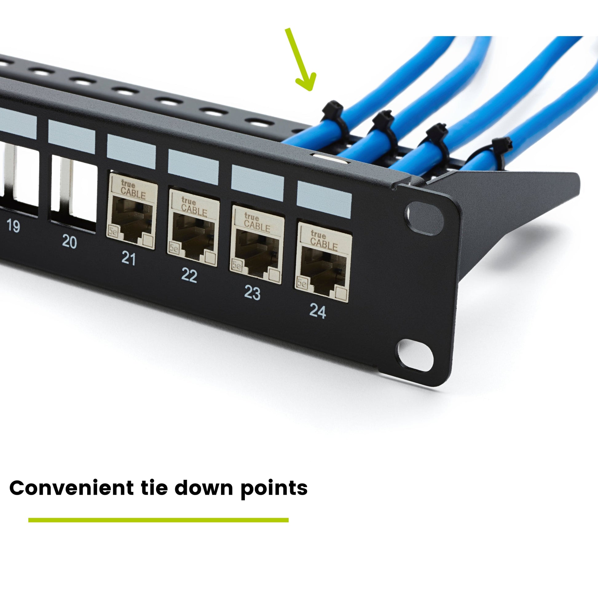 Black Shielded Patch panel with blue Ethernet cables attached to it